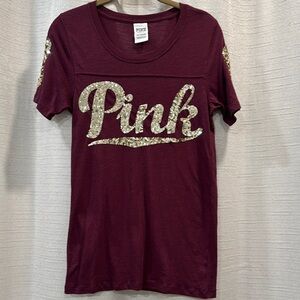 PINK Victoria's Secret Burgundy Gold Graphic Sequin Tee Womens Size Medium